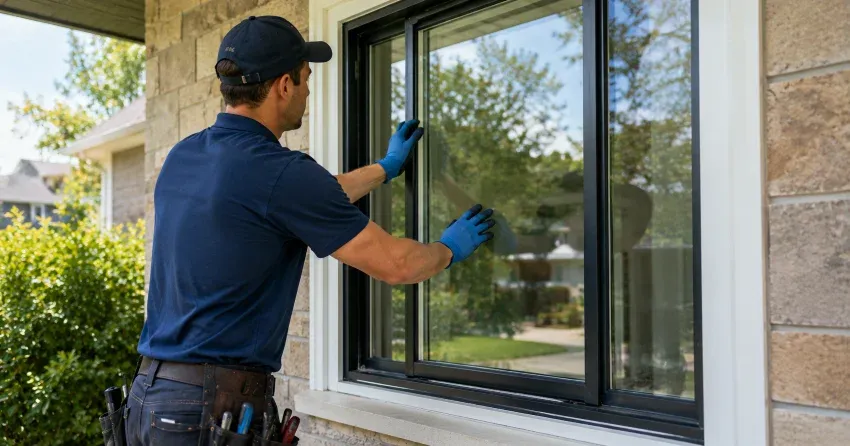 technician measuring a broken window pane for replacement in Dutton