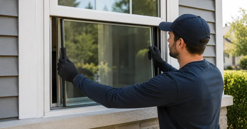 technician boarding up broken window during emergency glass repair Scarborough