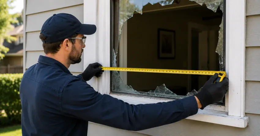 plywood board-up installed on a broken window Ontario