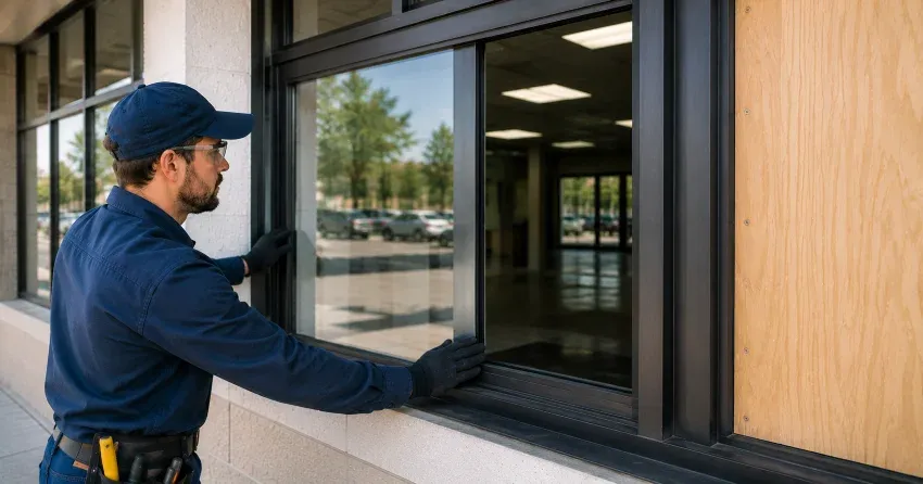 technician boarding a broken window after a break-in in Milton