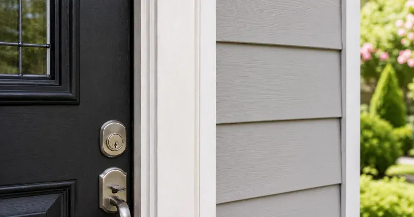 technician inspecting door jamb behind cracked casing in Kitchener home