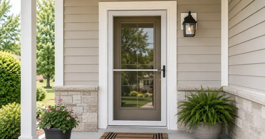 technician hanging storm door square and plumb in Ajax