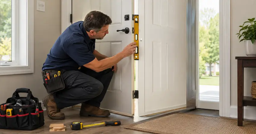 technician diagnosing a misaligned door frame in New Tecumseth