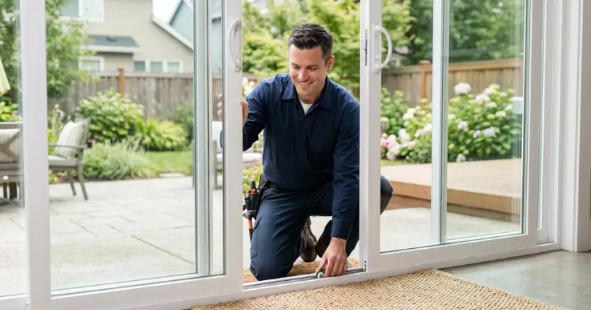 technician diagnosing a sticking patio door in Aurora