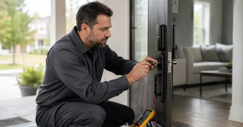 technician diagnosing automatic door lock mechanism on residential door in Dutton