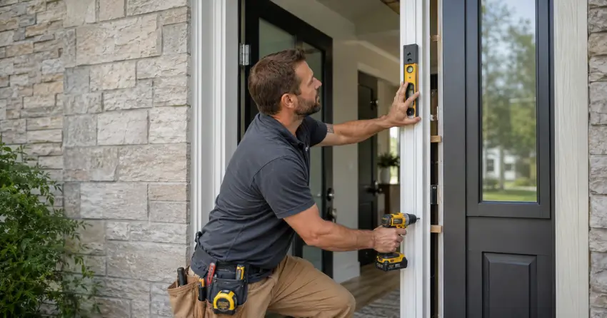 technician installing a new exterior door frame in Ajax