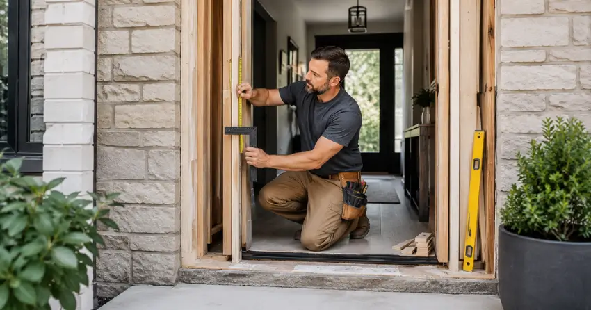 exterior door installer assessing rough opening in Keswick