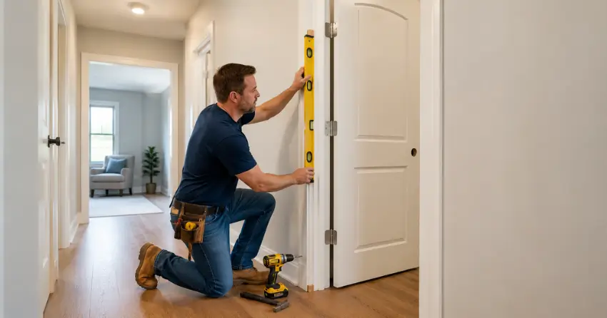 technician installing a pre-hung interior door in a home hallway Ajax