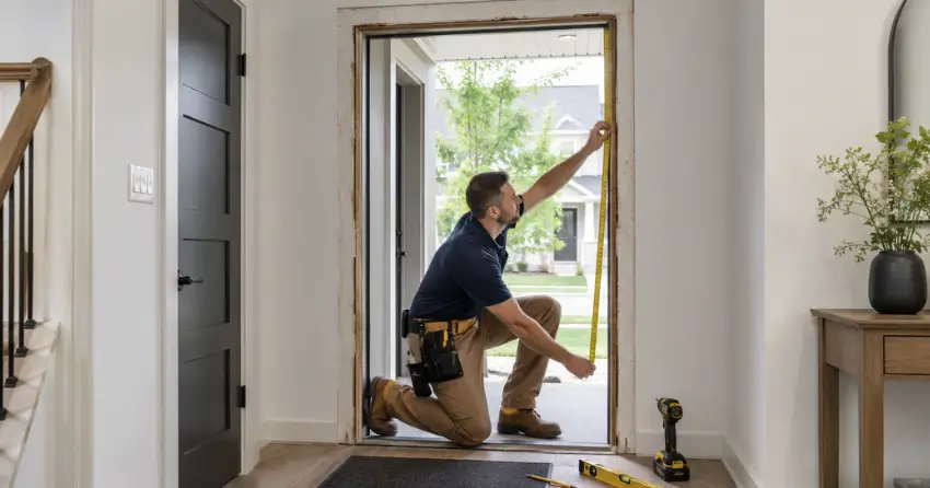 technician measuring a door frame before new door installation in Lucan