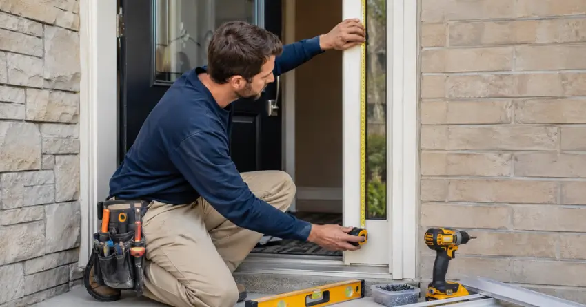 technician measuring door frame before storm door install in Ajax