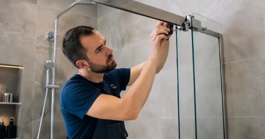 technician adjusting shower door hinge and track in Hensall