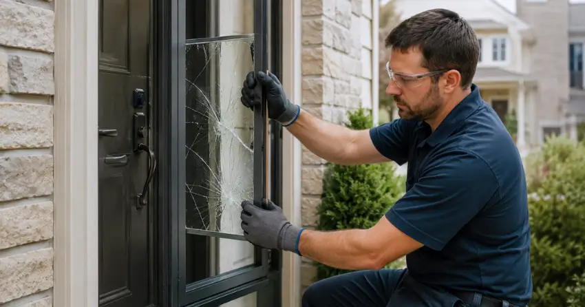 technician removing cracked storm door glass panel in New Tecumseth