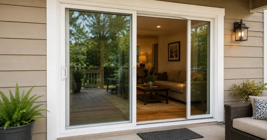 Patio Door Installation technician setting a new frame in New Tecumseth