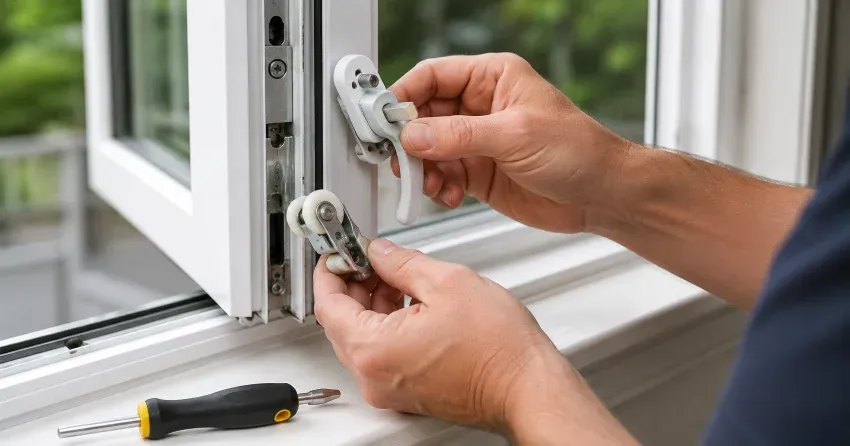technician performing broken window repair Burlington on a sliding window