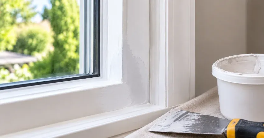 technician repairing rotted window frame corner in Dutton