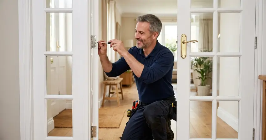 technician adjusting French door hinge for proper alignment in Scarborough