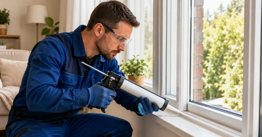 technician repairing window seal and frame in Ajax