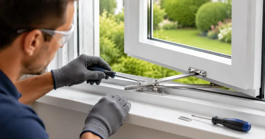automatic door technician inspecting sensor and control panel in Markham