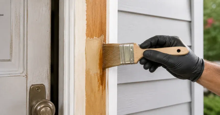 technician probing rotted wood on a door frame in Ontario
