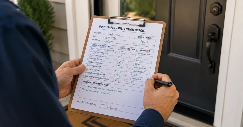 inspector checking strike plate and door frame during safety inspection in Midland