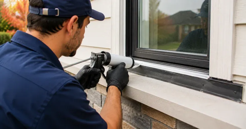technician inspecting window flashing for leak source in Exeter